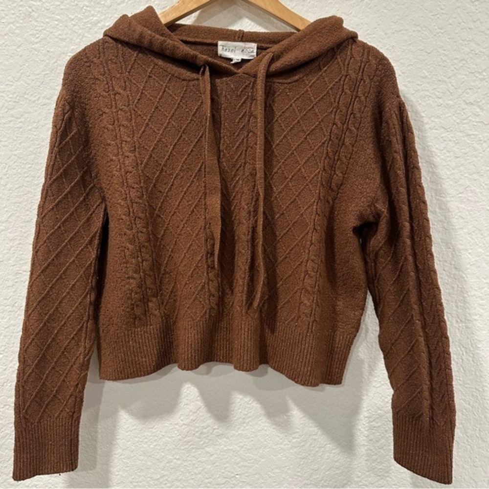 Hazel Moon Women's Brown Cable Knit Cropped Hooded Pullover Sweater Size M - Picture 2 of 10
